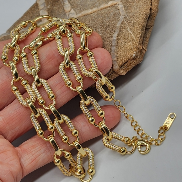 Premium Chunky Necklace Rhodium 18K Gold Plated Chain White Topaz - Picture 6 of 11